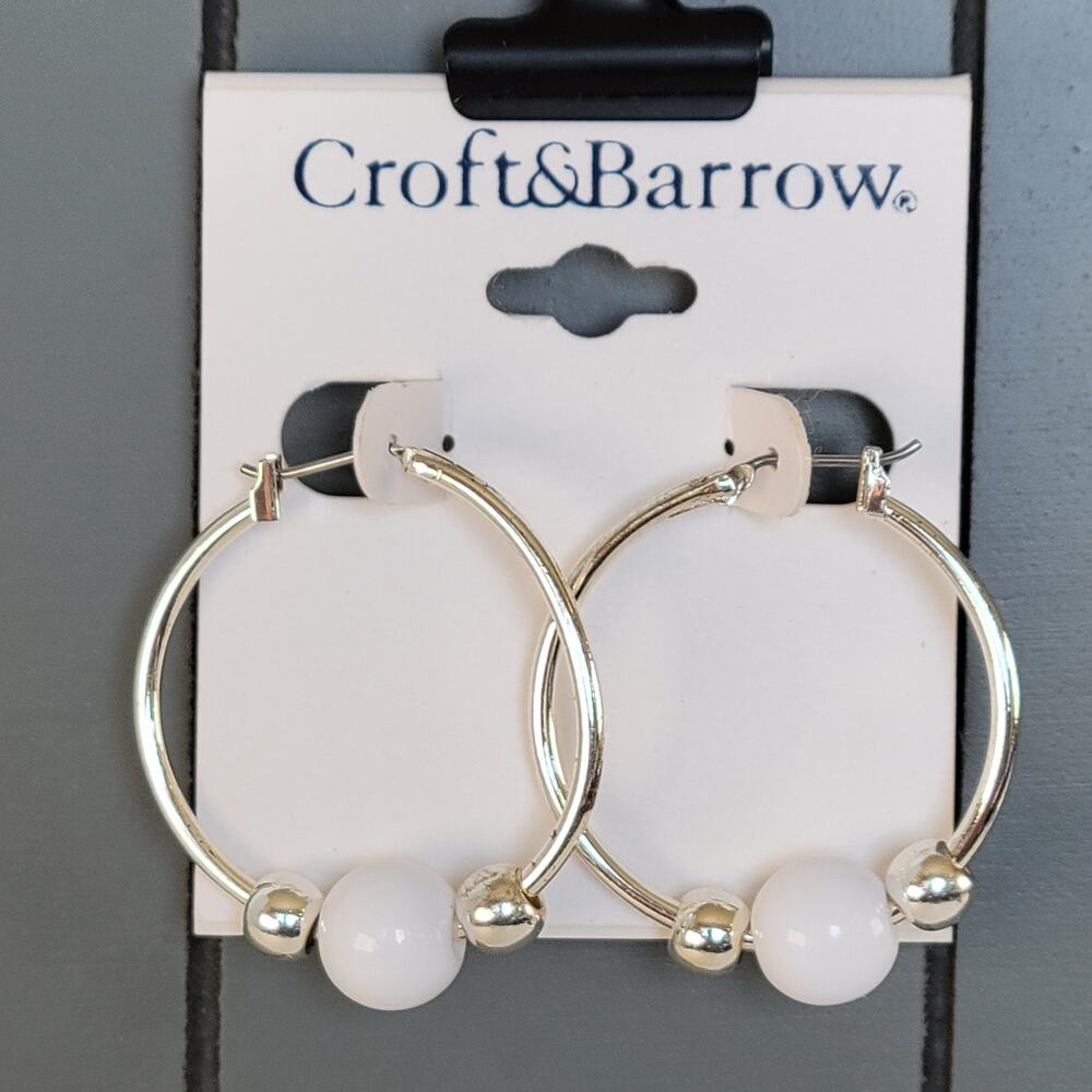 Croft & Barrow Hoop Earrings White Beads Silver Tone Pierced, Gift Bag 1.5 in